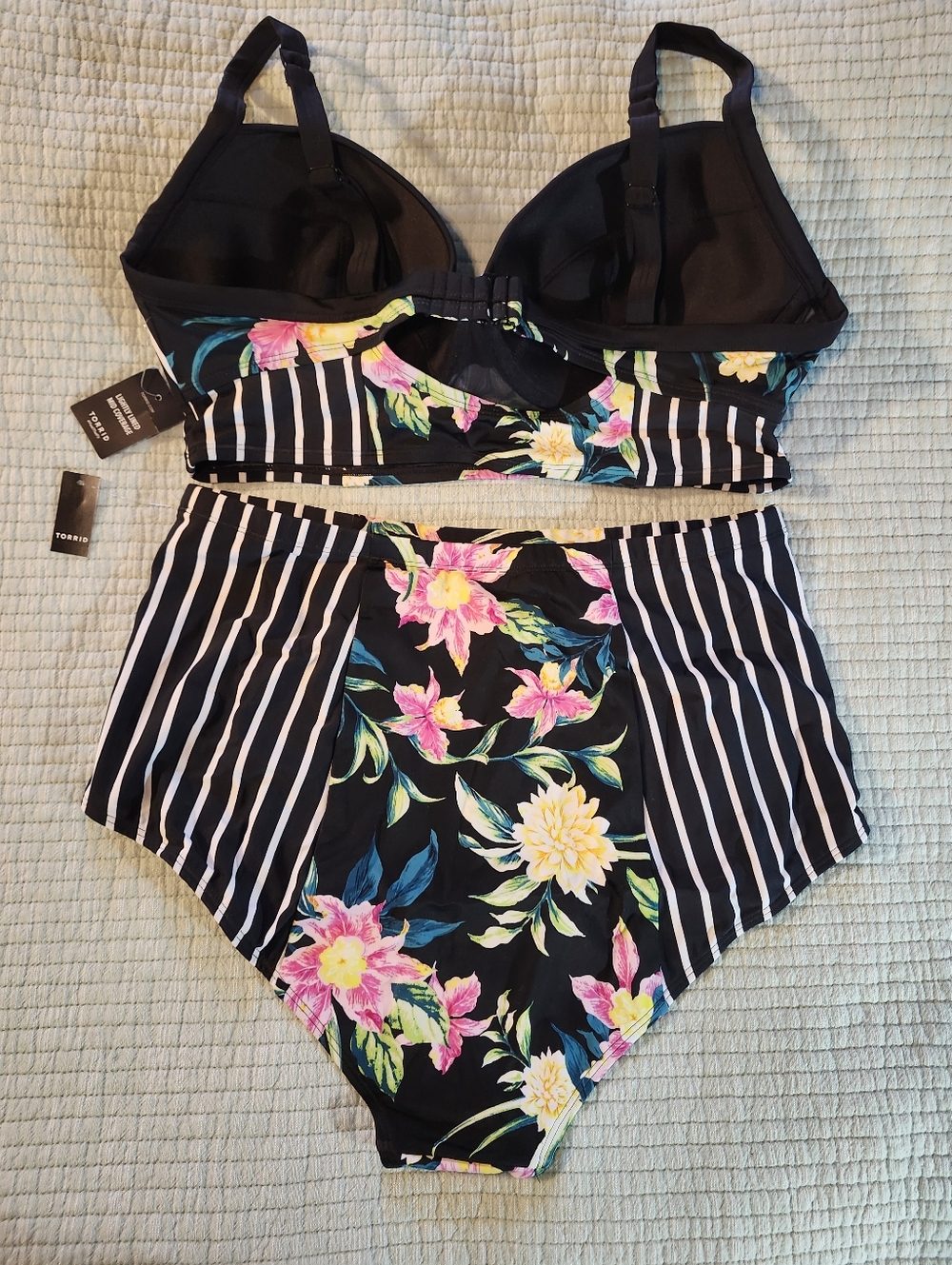 Torrid Black Floral & Stripe High-Waist Bikini Set - Picture 2 of 4